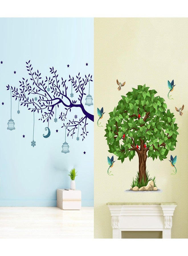 MERICAL Set of 2 Wall Stickers Blue Tree Moon | Green Tree for Home, Hall, Bedroom, Livingroom & Kitchen - Image 1